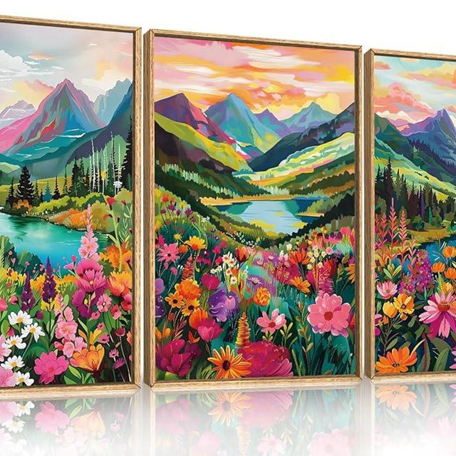 Celestdeco Colorful Wildflower Blossom Framed Canvas Wall Art Set,Mountain Flowers Wall Painting, Abstract Landscape Wall Decor,Natural Ridge Floral Art Print for Living Room,Dining Room,Office - 24"x36"x3
