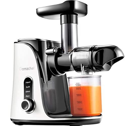 Juicer Machines,AMZCHEF Slow Masticating Juicer Extractor, Cold Press Juicer with Two Speed Modes, 2 Travel bottles(500ML),LED display, Easy to Clean Brush & Quiet Motor for Vegetables&Fruits,White
