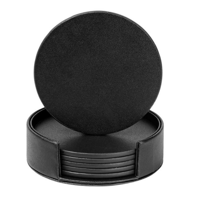 Drink Coasters Set of 6 Leather Coasters Spill Protection for Table Desk Durable and Non Slip Leather Coaster Fit Common Size Drinking Glass Coffee Cup Tea Cup Mug (Round Black)