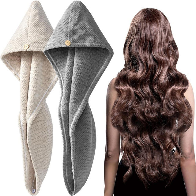 YFONG 2 Pack Microfiber Hair Towel Wrap for Women, Super Absorbent Quick Dry Hair Turban for All Hair Style Anti Frizz, Large Hair Drying Towel with Button