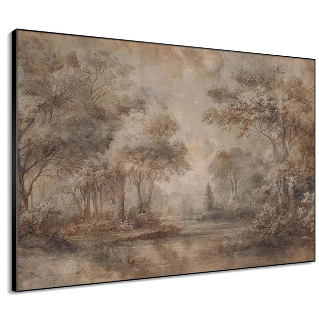 46"x60" XL Framed Wall Art - Sepia Woodland Forest Landscape Vintage Style Trees (Frame Assembly Required)