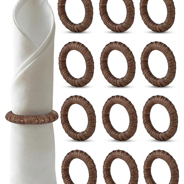 Handmade Napkin Ring Set of 12 Rustic Farmhouse Table Accessories Durable Cane Napkin Holders for Home Kitchen Everyday Dining & Seasonal Gatherings (Walnut) - ALPHA Living HOME