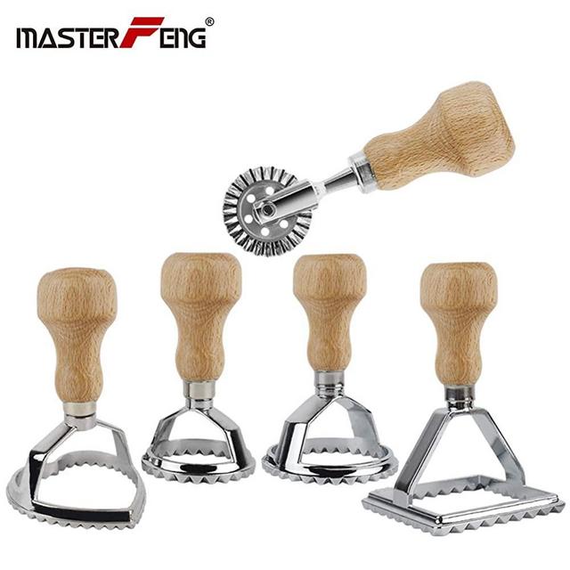 MASTER FENG Ravioli Stamp Maker Cutter with Roller Wheel Set, Mold with Wooden Handle and Fluted Edge, Pasta Press Kitchen Attachment (5 Set with Cutter)