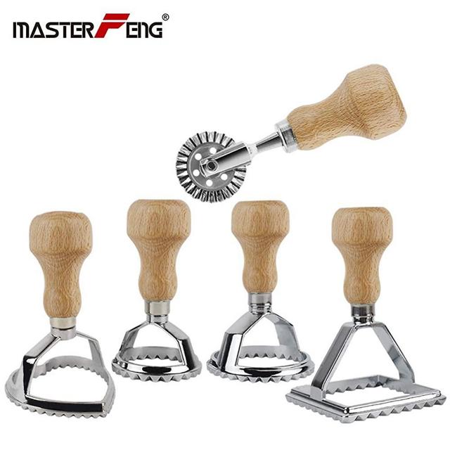 MASTER FENG Ravioli Stamp Maker Cutter with Roller Wheel Set, Mold with Wooden Handle and Fluted Edge, Pasta Press Kitchen Attachment (5 Set with Cutter)