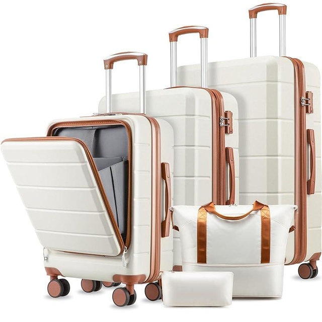 YOETEY Luggage Sets 5 Piece, Expandable Hardside Suitcases with Wheels Includes Tote Bag, White Brown