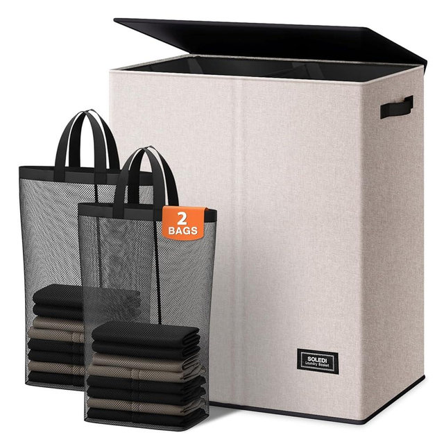 SOLEDI Large Double Laundry Hamper with Lid, Collapsible Clothes Hamper 2 section with Removable Bags, Space-Saving Laundry Basket for Bedroom, Dorm, College