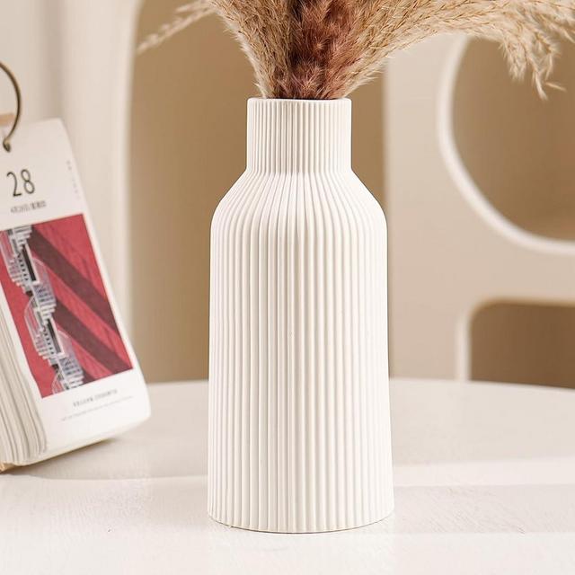 White Ceramic Flower Vase, Pampas Grass Small Vase for Decor, Dining Table, Shelf Decor, Mantel, Entry Decor and Centerpieces, Minimalist Modern, Bohemian