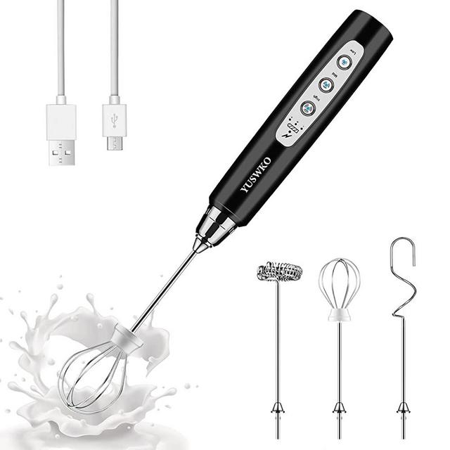Milk Frother Handheld with 3 Heads, Coffee Whisk Foam Mixer with USB Rechargeable 3 Speeds, Electric Mini Hand Blender for Latte, Cappuccino, Hot Chocolate, Egg - Black