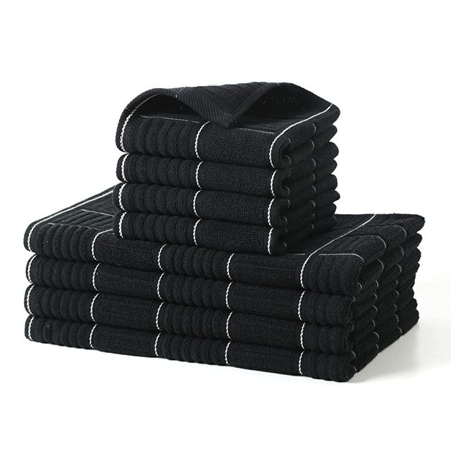 Glynniss Kitchen Towels and Dishcloths Set, Four Kitchen Dish Towels 16x26 Inches, Four Absorbent Dish Cloths for Washing Dishes 12x12 Inches, Cleaning and Drying for Everyday Use Pack of 8 (Black)