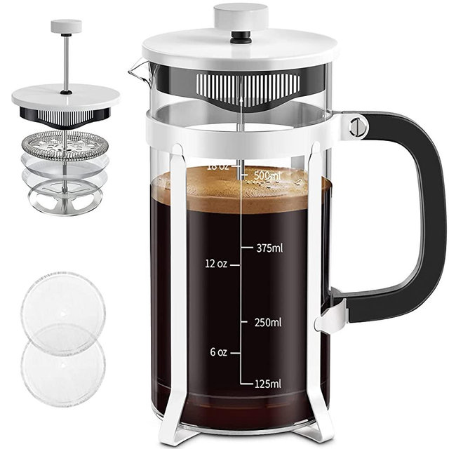 QUQIYSO French Press Coffee Maker 304 Stainless Steel French Press with 4 Filter, Heat Resistant Durable, Easy to Clean, Borosilicate Glass Coffee Press, 100% BPA Free Glass Teapot, 21 ounce, White