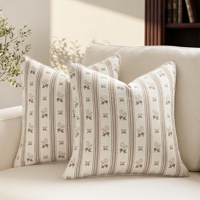 NextArt Floral Striped Pillow Covers, 18x18 Vintage Farmhouse Pillows Covers Set of 2, Vintage Floral Throw Pillows Coco Brown, Block Print Pillow Cover with Durable Double-Sided Jacquard