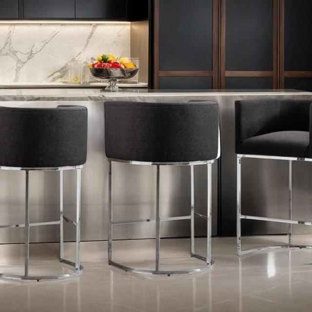 RIVOVA Contemporary Charcoal Linen Bar Stools Set of 3, 29" Upholstered Fabric Counter Height Barstools Kitchen Counter Island Stools with Chrome Metal Base