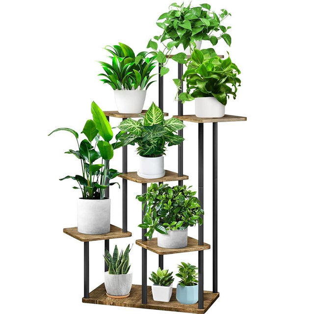 YOCOMEY 7 Tier Wood Tall Plant Stand Metal Rack Indoor, Multiple Flower Pot Holder Shelves Corner Rack, Planter Shelf Display Rack Storage Organizer for Patio Living Room Balcony Garden(Black)