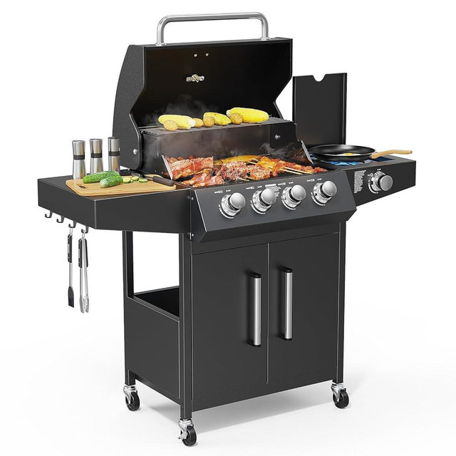 ROVSUN 4 Burner Propane Gas Grill with Side Burner, 58,000BTU BBQ Grills with Enameled Cast Iron Grates, Shelf & Cabinet for Outdoor Garden Patio Backyard Barbecue Cooking