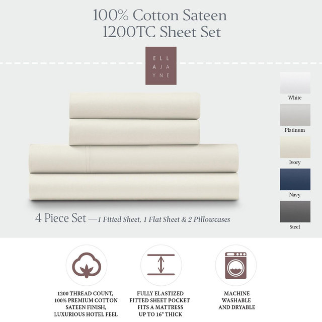 Ella Jayne 1200 Thread Count 100% Cotton Sateen Deep Pocket 4-piece Sheet Set - King/California King, Ivory, 4 pc