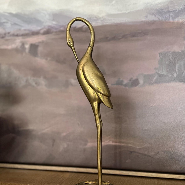 Vintage Brass 12” Crane Figurine | Mid Century Heron Bird Statue | Hollywood Regency Decor | Boho Shelf Decor | Brass Bird on Round Base