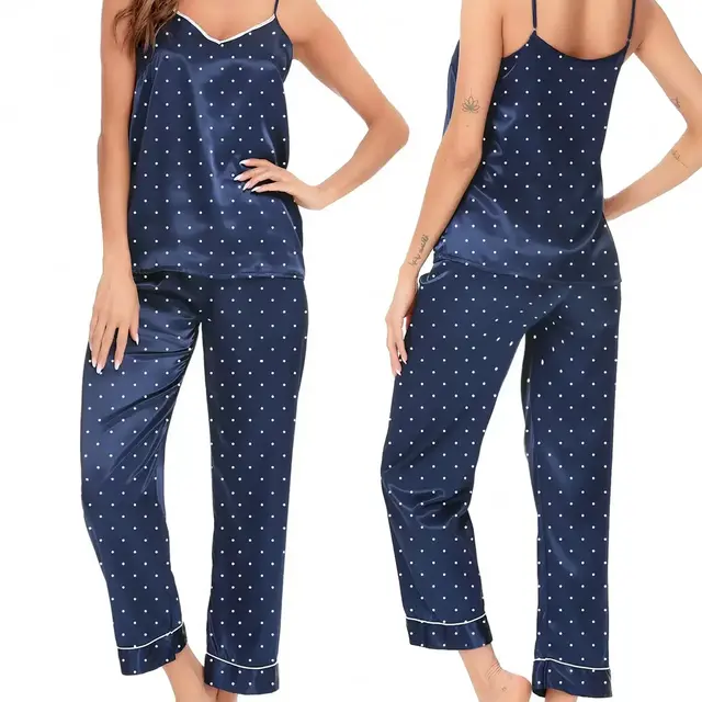 SWOMOG Womens Silk Satin Pajamas Set Two-Piece Pj Sets Cami Top and Capris Pants Sleepwear