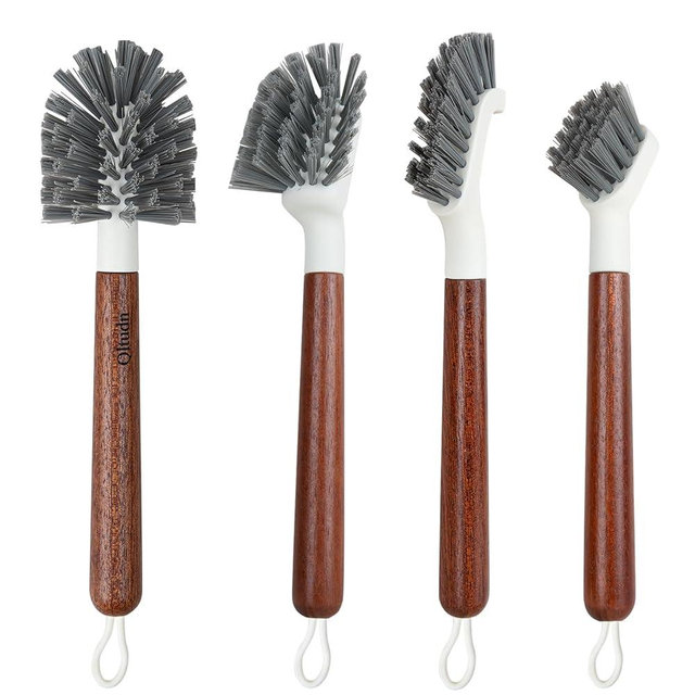 QLTUDN 4-Pack Heavy Duty Scrub Brushes with 11" Sapele Wood Handle – PBT Bristles & TPR Loop – Kitchen, Bathroom, Grout, Dish & Tile Cleaner – Durable Non-Slip Multi-Surface Cleaning Brush Set