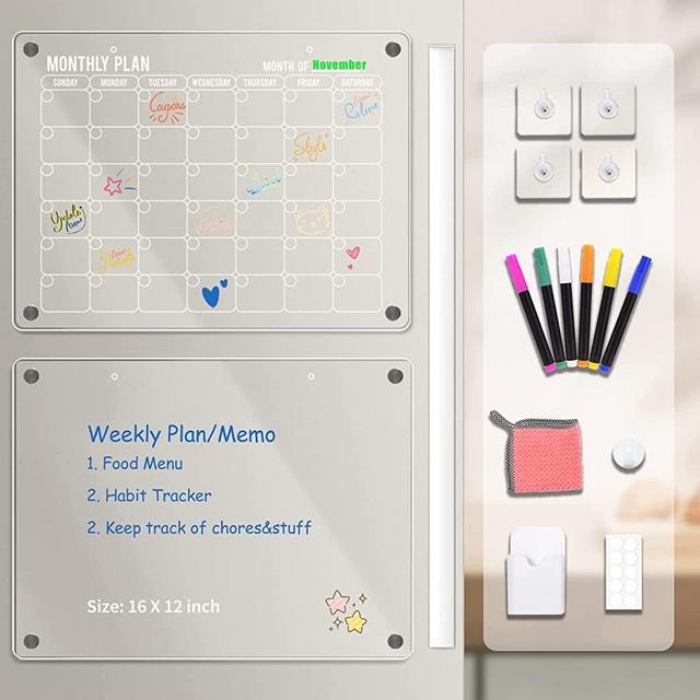 2pcs Acrylic Magnetic Dry Erase Board for Fridge, Homyaco Strong-Magnetic and Adhesive Clear Monthly and Memo Calendar for Refrigerator and Wall, Including Wall Hook for Different Scenes