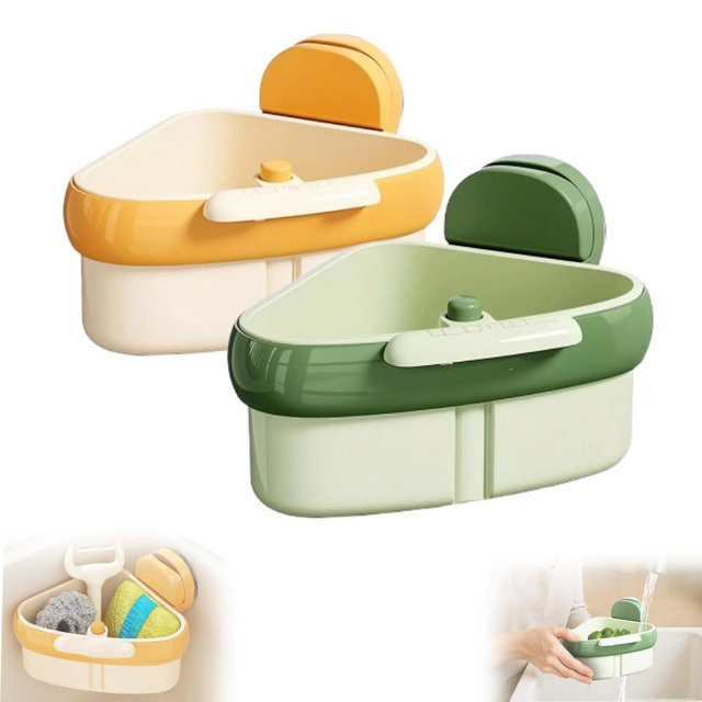 Corner Sink Strainer,2025 New Suction Cup Press Sink Strainer Basket,Automatic Dumping food Waste Catcher for Sink,Faucet Sponge Storage Rack,Corner Sink Trash Catcher for Food Waste (Yellow+Green)
