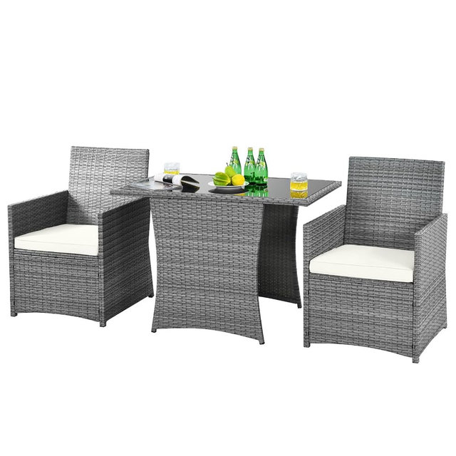 HAPPYGRILL 3 Piece Patio Furniture Set, Outdoor PE Rattan Wicker Bistro Set with Washable Cushions & Tempered Glass Table, for Backyard Porch Garden Balcony Poolside