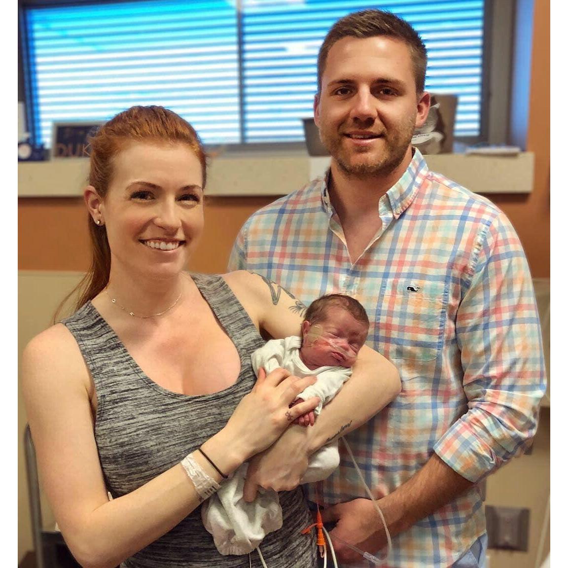 Emily and Kipp Birtwistle with son Duke 
Duke was born at 27 weeks.  A tough little fighter,  He is now almost 10 weeks, still in the ICU, but should be home soon.