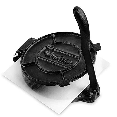 Uno Casa Cast Iron Tortilla Press - 8 Inch, Pre-Seasoned Tortilla Maker with 100 Pcs Parchment Paper