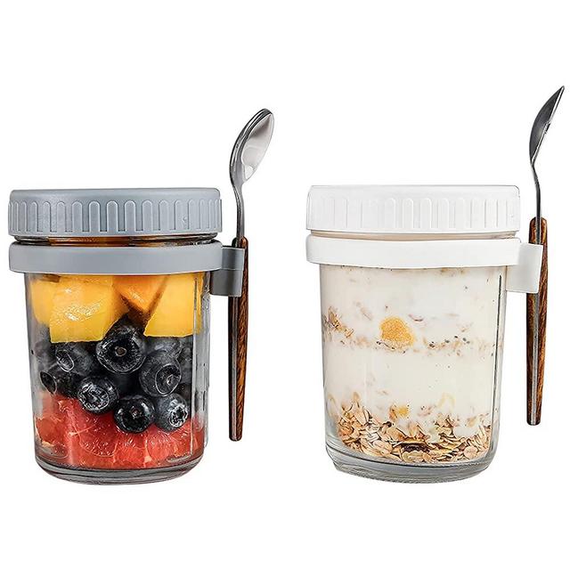 Overnight Oats Container with Lid and Spoon ,Overnight Oats Jars ，10 oz Cereal ，Milk ， Vegetable and fruit Salad Storage Container with Measurement Marks (white and grey)