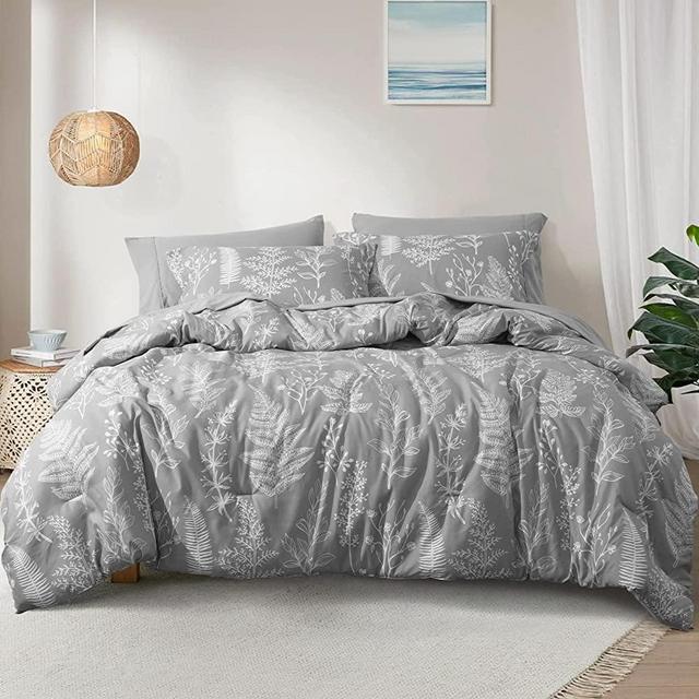 PHF Soft Printed Comforter Sets Queen-7 PCS Bed in A Bag Comforter & Sheet Set-Flowers Botanical Cozy Bedding Set Include Comforter, Pillow Shams, Flat Sheet, Fitted Sheet and Pillowcase, Grey