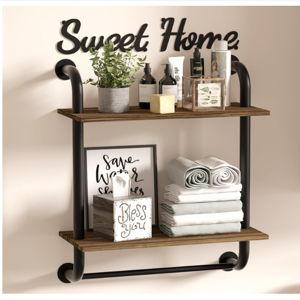 Bathroom Shelves Wall Mounted, Rustic Farmhouse Pipe Shelves, 2-Tier, Industrial Shelving Over Toilet, Floating Shelf Decor for Bathroom, Kitchen, Bedroom, Living Room 17.3 inch