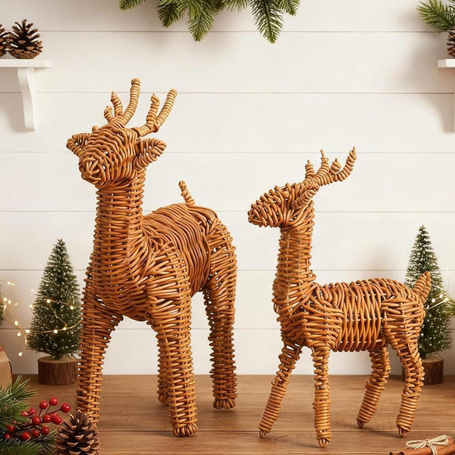 Bucherry 2 Pcs Rattan Woven Christmas Reindeer Decor Brown Christmas Tabletop Deer Statue Centerpiece Ornaments for Farmhouse Mantel Fireplace Living Room Bedroom Outdoor Decor