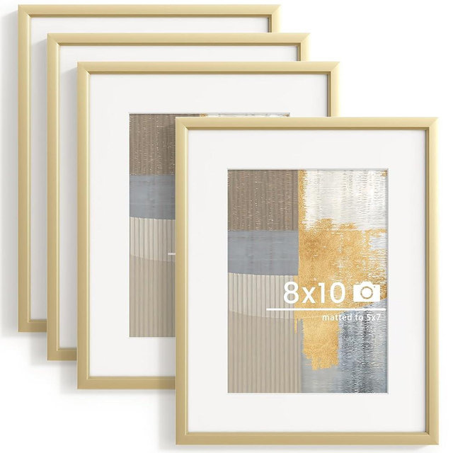 8x10 inch Metal Picture Frame - 8 x 10 Thin Aluminum Photo Frames with 5x7 Removable Mat - High Definition Plexiglass - Ideal for Wall or Tabletop Display - Wall Hook Hanging Hardware Included - Gold, Set of 4
