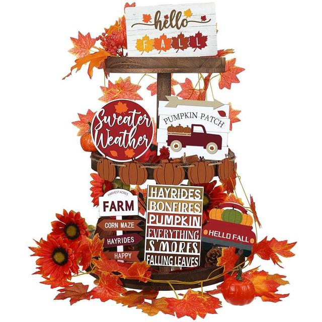 12 Pcs Thanksgiving Pumpkin Tiered Tray Decor Set Fall Gnome Truck Wood Sign Rustic Farmhouse Decor Autumn Pumpkin Tiered Tray Decorative Trays Signs for Home Kitchen Decorations (Pumpkin)