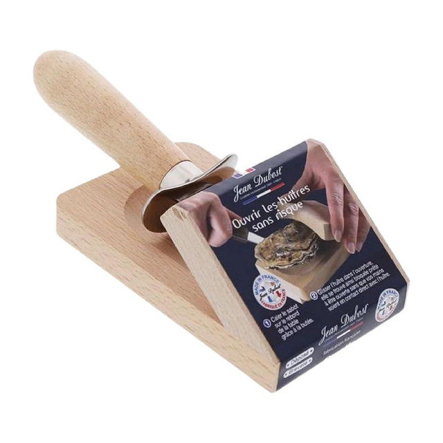 Jean Dubost Oyster Opener, Olive Wood Handle - Rust-Resistant Stainless Steel - Includes Wooden Block - Made in France