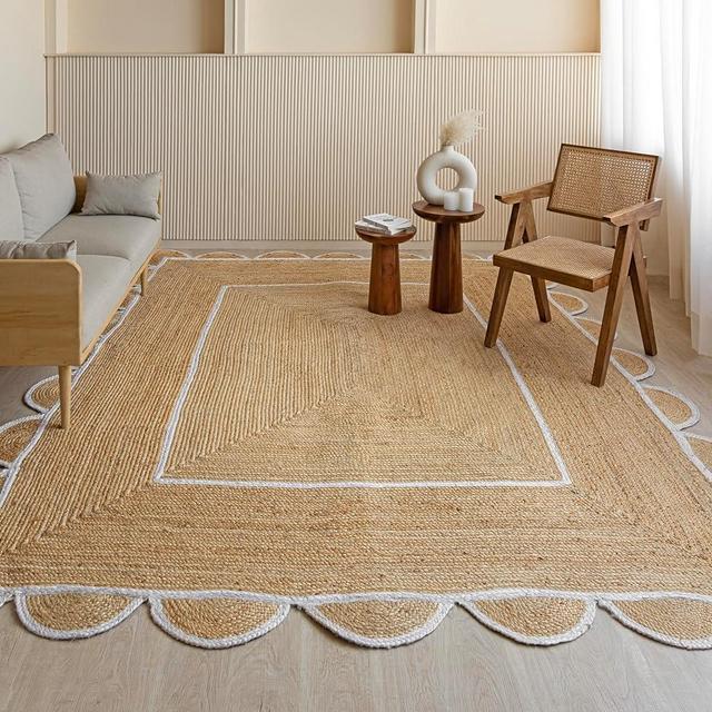 HOMEMONDE Scalloped Jute Rug - 5 x 8 ft Rectangular Natural Boho Home Decor Handmade Farmhouse - Braided Rustic Vintage Area Rug for Living Room, Bedroom, Dining Room