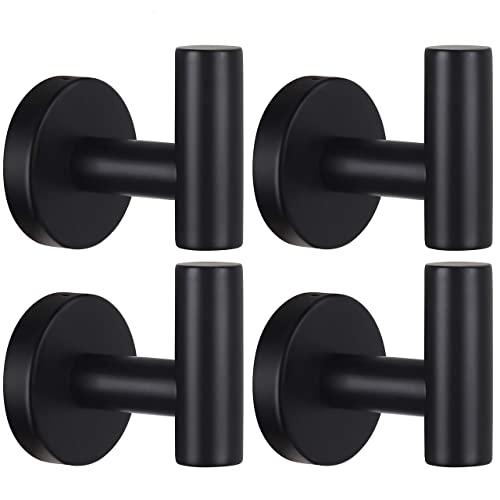 4 Pcs Wall Towel Hooks Coat Hook Bathroom Matte Black Robe Hook SUS 304 Stainless Steel Heavy Duty Door Hanger Towel Robe Clothes Cabinet Closet Sponges Hook for Bathroom Kitchen Pool