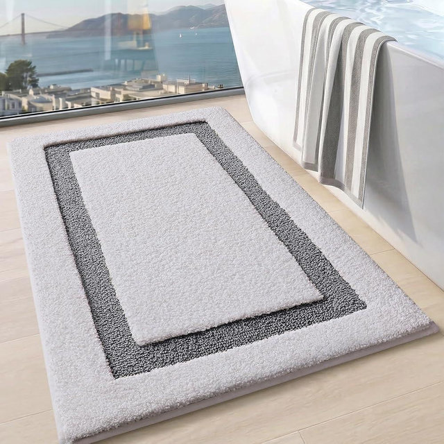 LUMI White Bathroom Rugs, Soft Absorbent Microfiber Bath Mat, Non Slip Washable Bath Rug, Quick Dry Plush Bath Mats for Bathroom for Shower, Bathtub, Floor, White and Grey, 24x36