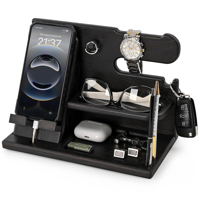 TESLYAR Wood Phone Docking Station for Men - Desk or Nightstand Organizer - Birthday Gifts for Husband or Dad - Anniversary Idea from Wife - Key Holder - Stand Wallet, Watch & Essentials (Deep Black)