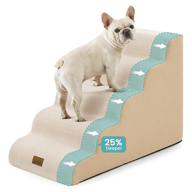 Extra Wide Dog Stairs 19.7" Width, Pet Step for Small Medium/Large Dog, Puppy or Cat, Pet Ramp for High Bed or Car, High Density Foam Ladder, Stable, 5 Step, 19.7x33x22.4 in, Beige