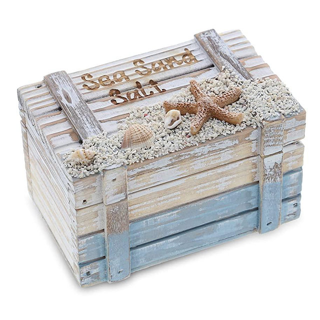 CoTa Global Coastal Horizon Wooden Nautical Jewelry Box – Seashell Trinket Holder Storage with Hinged Lid, Treasure Box Ocean Party Decorations, Beach Themed Decor for Bathroom, Bedroom - 4.25 Inch