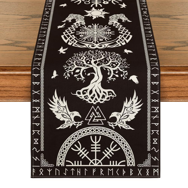 Artoid Mode Black Viking Tree of Life Raven Helmet of Awe Table Runner, Seasonal Kitchen Dining Table Decoration for Home Party Decor 13x90 Inch