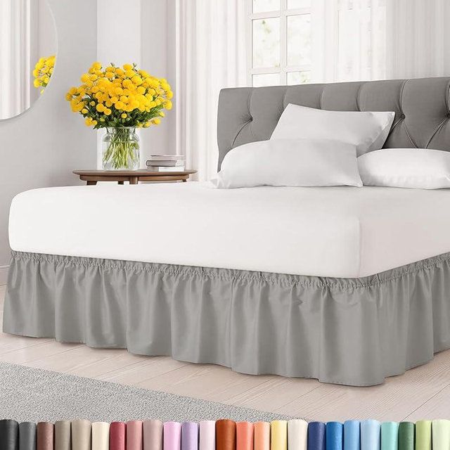 Wrap Around Dust Ruffle Bed Skirt - Light Grey - for King Size Beds with 12 Inch Drop - Elastic Strap - Adjustable Pleated Bedskirt with Brushed Fabric and Wrinkle Free - for Women, Men, Kids & Teens