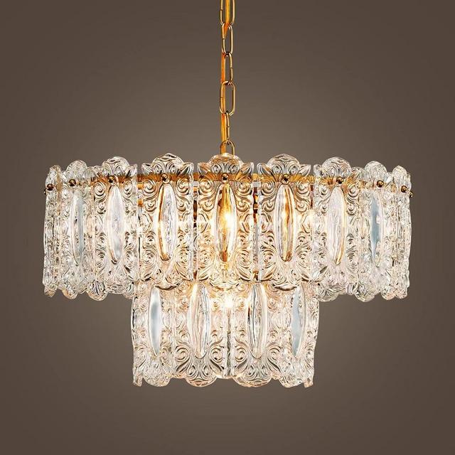 AGV LIGHTING CH010 Crystal Chandelier, Vintage Pendant Chandelier Lighting with 4-Lights, D18 x H10, 2- Tier Glass Shade & Copper Finish