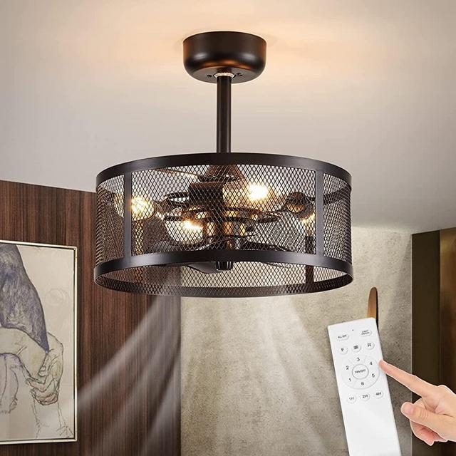 Drum Caged Ceiling Fan with Remote Control, Rustic Black Ceiling Fans with Lights for Kitchen, Low Profile Ceiling Fan Semi Flush Mount