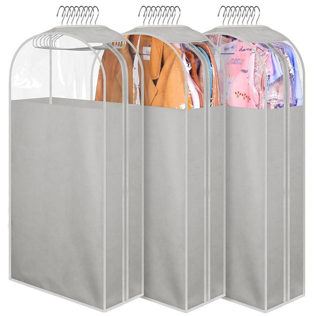 MISSLO 10" Gussetes Garment Bags for Hanging Clothes 40" Clear Suit Bags for Closet Storage Suit Cover Bags Coat Protector, 3 Packs, Grey
