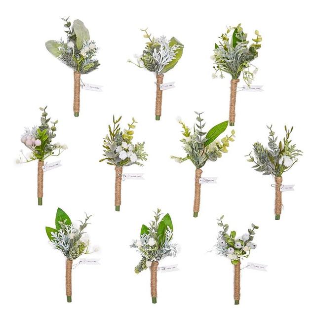 TINGE TIME 10 PCS Fresh Green Boutonniere for Men Wedding, Artificial Prom Corsage and Boutonniere Set, Groom and Groomsmen Boutonniere for Wedding Prom Homecomings Formal Dinners Anniversaries