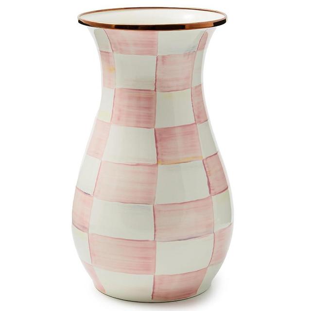 MACKENZIE-CHILDS Tall Enamel Vase, Unique Flower Vase, Bouquet Vase Decor for Living Room, Pink-and-White Rosy Check