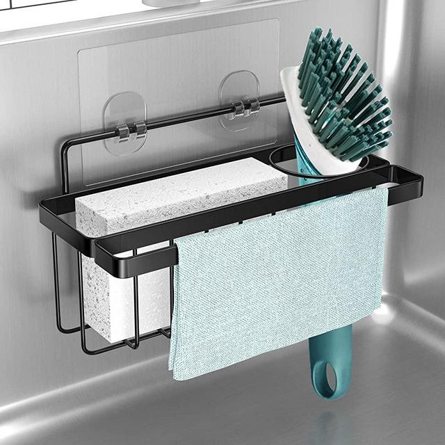 Stainless Steel Kitchen Sink Caddy Organizer, Drainage Storage Rack, Rag Hanger Shelf, Three in One Sponge, Dishwashing Cloth, No Drilling Wall Mounted Holder - Black