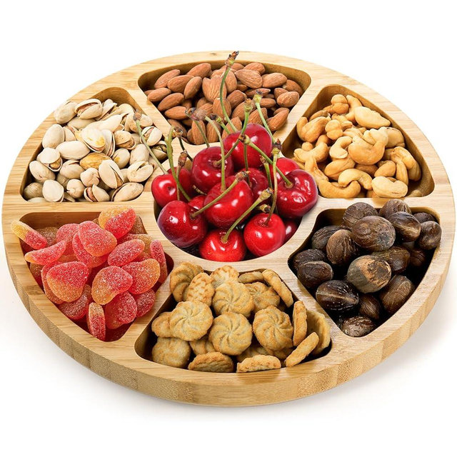 Dicunoy Divided Serving Dish Tray, 13'' Bamboo Rotatable Veggie Fruit Platter, Lazy Susan Relish Sectional Snack Container Bowls with 7 Compartments for Candy, Appetizer, Nuts, Parties