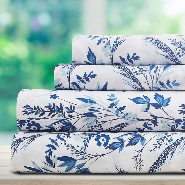 DREAMCARE King Size Floral Sheets - 4pc King Bed Set - Cooling & Soft Long Lasting - Floral Blue